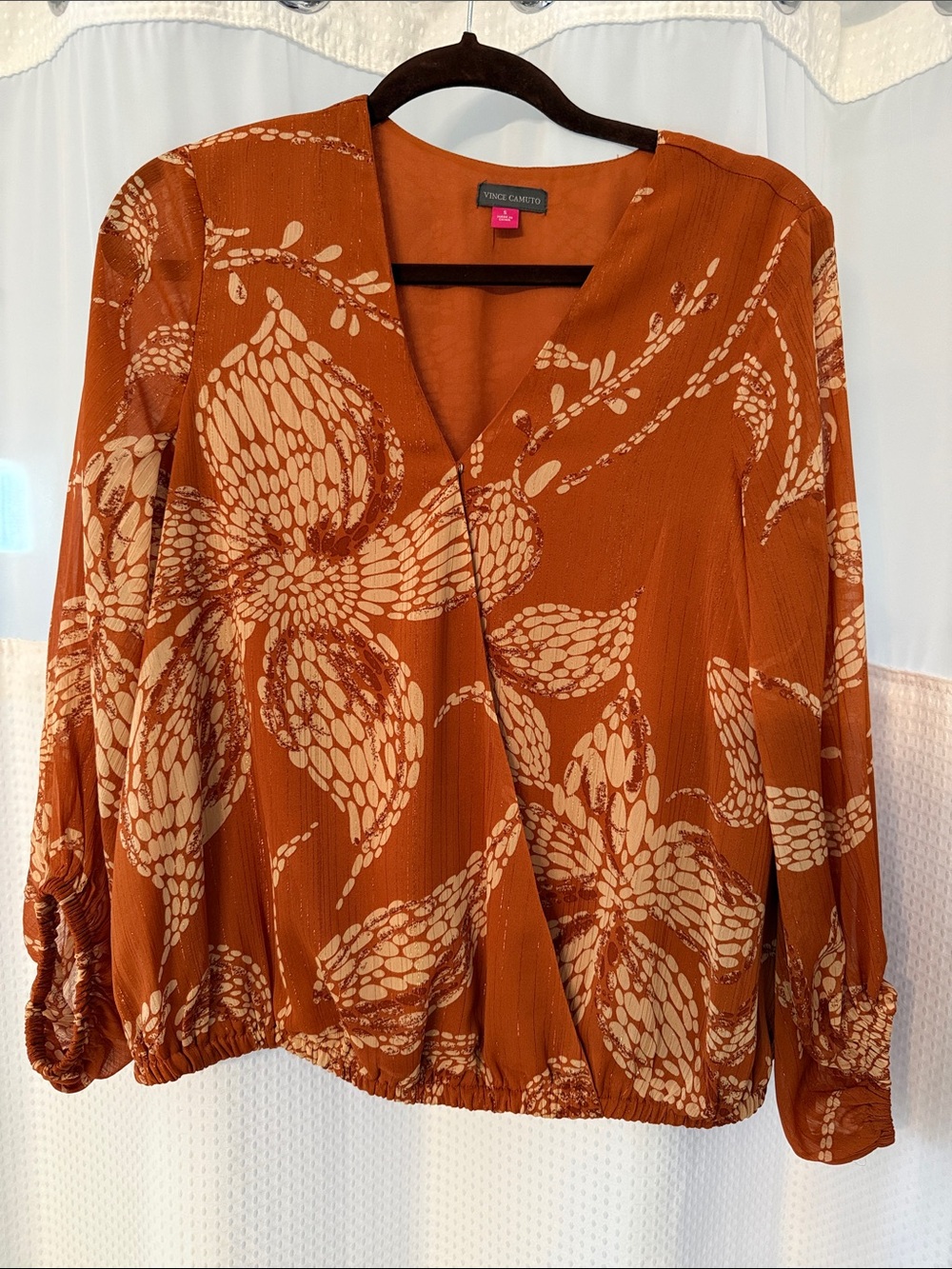 Vince Camuto Rust and Cream Floral Wrap Blouse